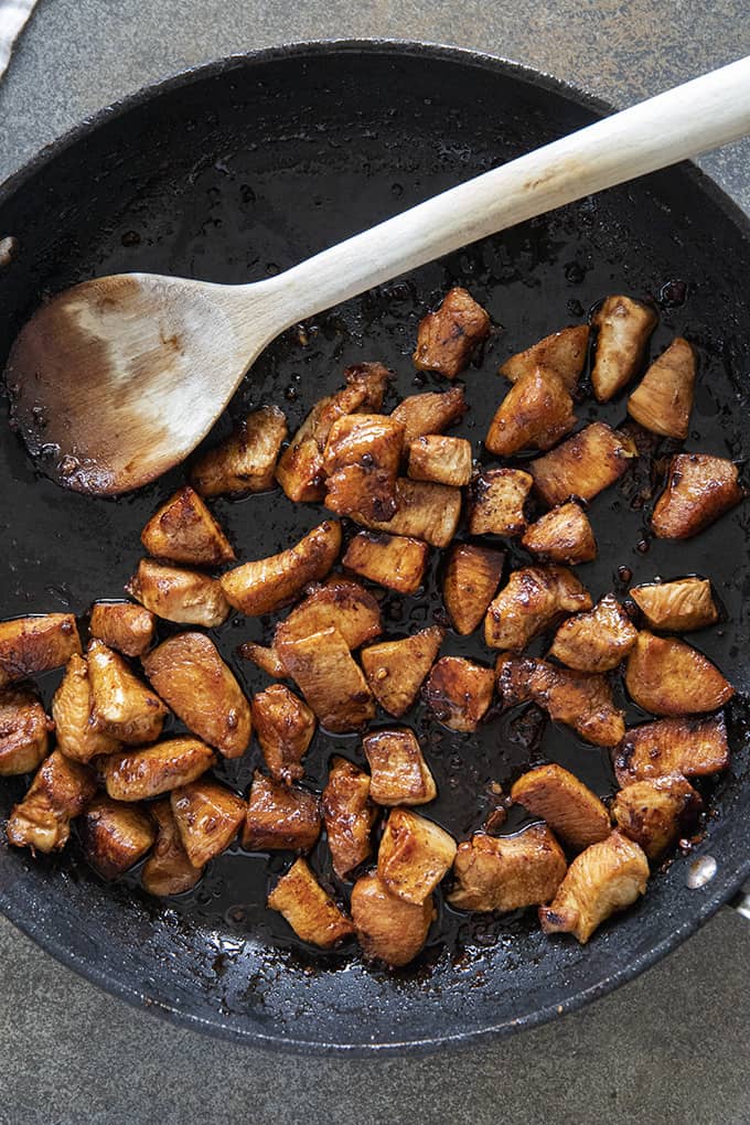 cubes of hibachi chicken in pan