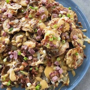 close up irish nachos on plate