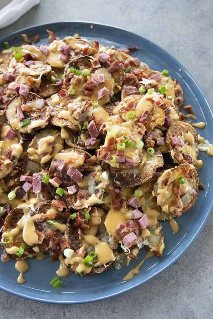 close up irish nachos on plate