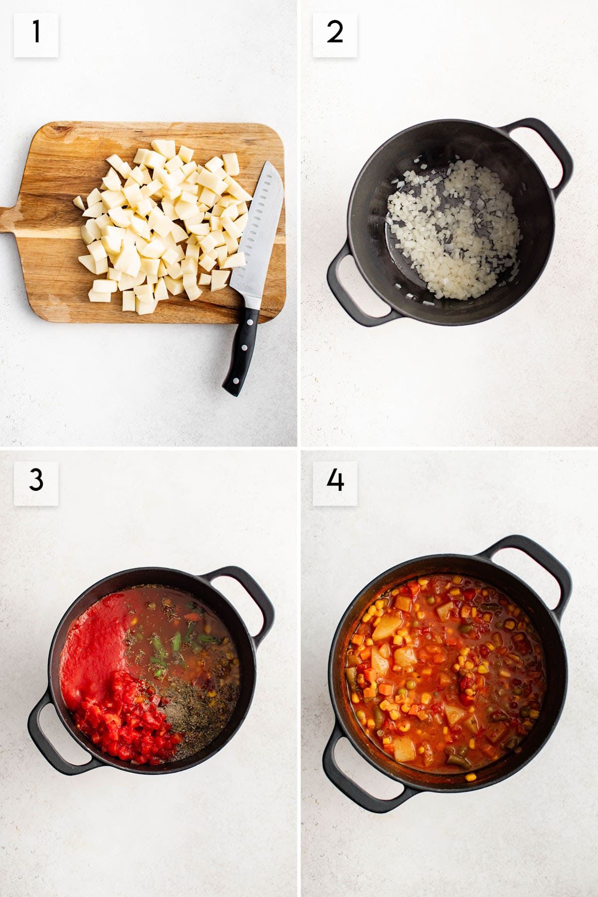 four panel collage image showing how to make vegetable soup