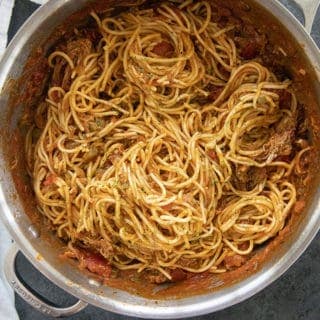 pot of bbq spaghetti