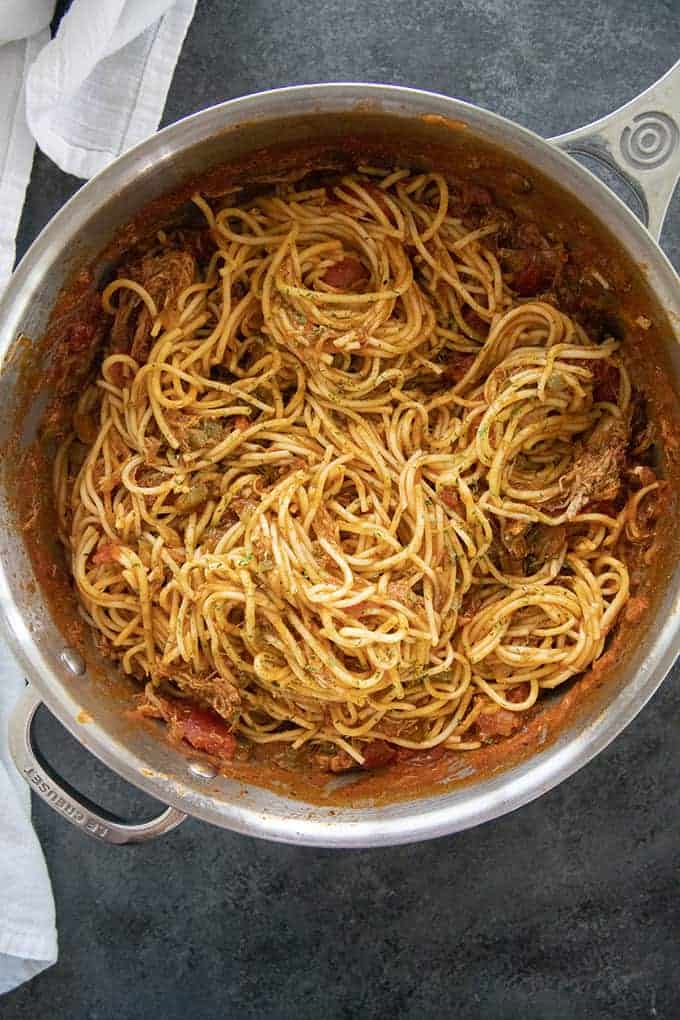 pot of bbq spaghetti