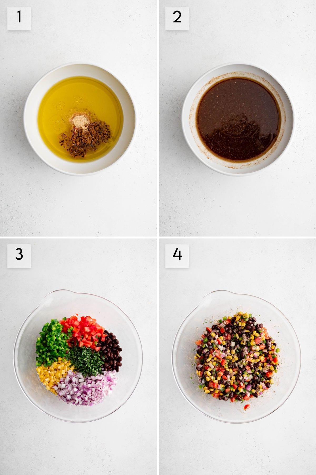 four panel collage image showing the process of making black bean salsa