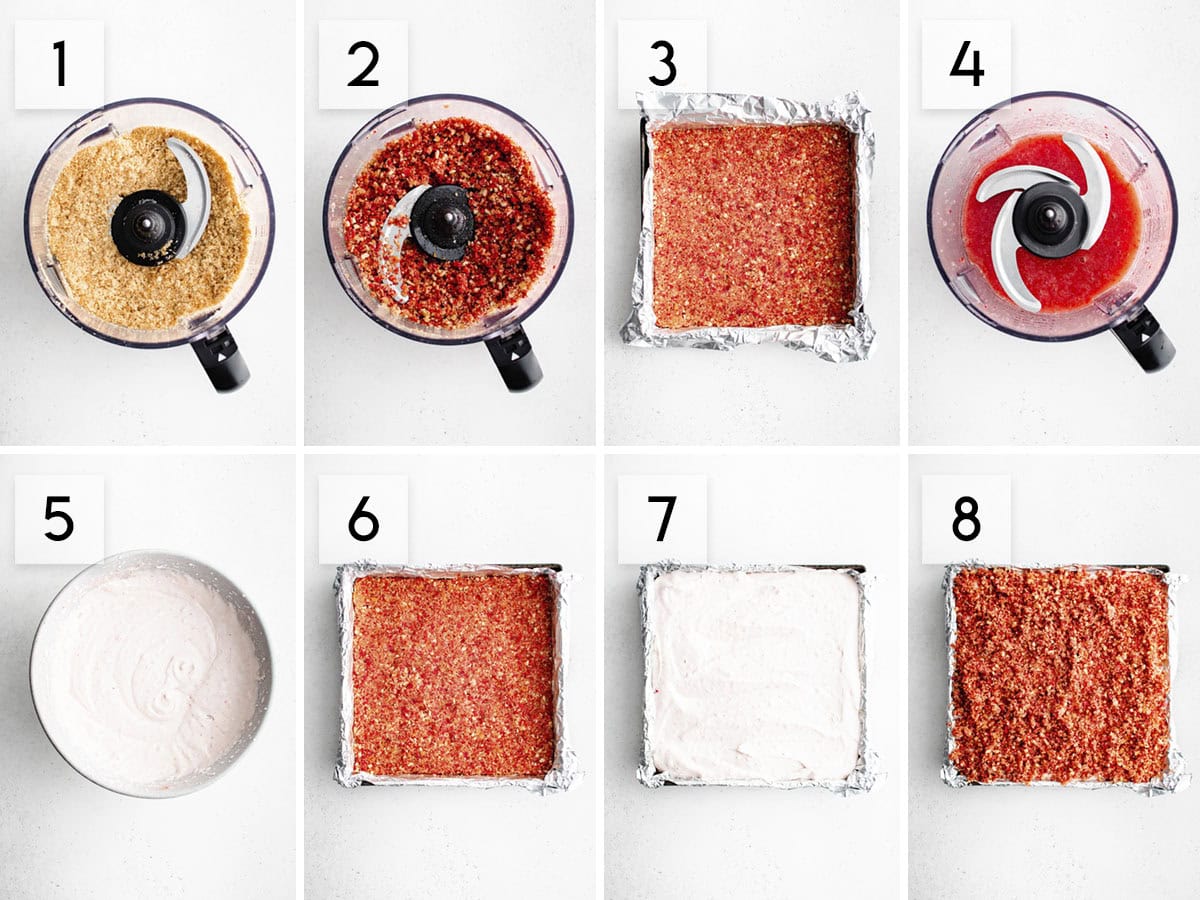 eight panel collage image showing the process of making strawberry cheesecake bars