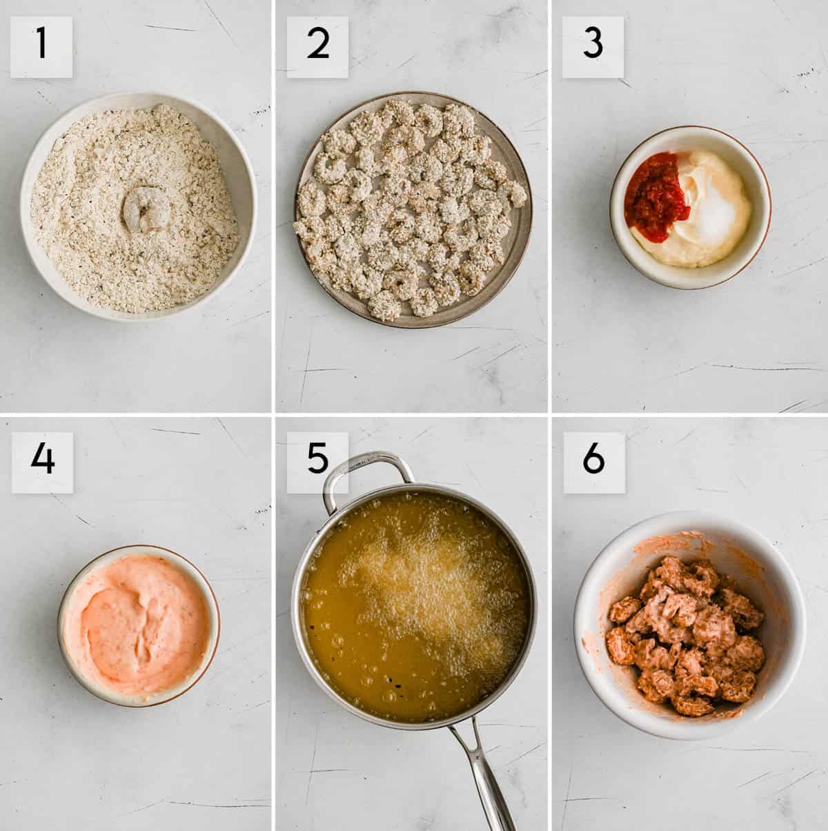 six panel collage image showing how to make bang bang shrimp