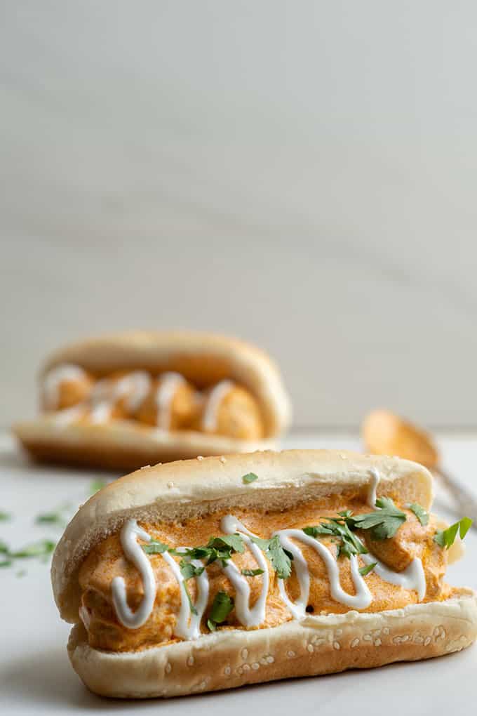 buffalo chicken meatballs in a sub roll