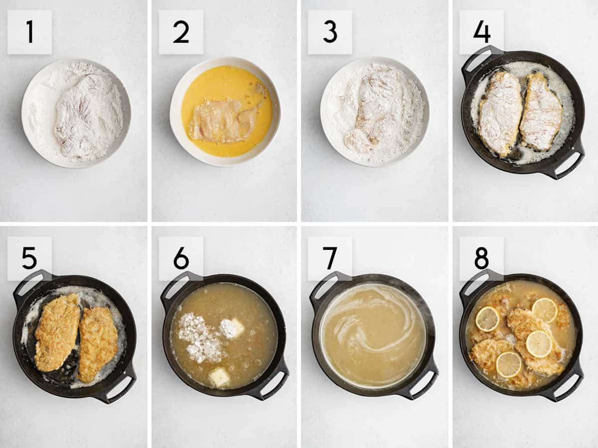 eight panel collage image showing the process of making chicken francese