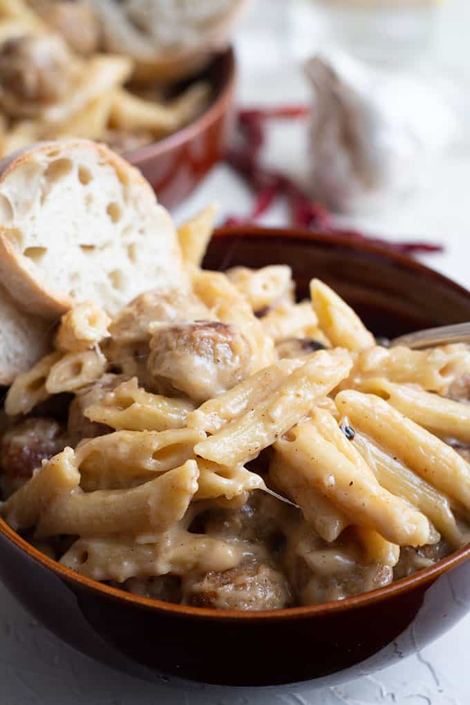 cajun pasta and meatballs in a bowl