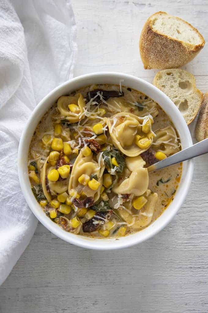 bowl of corn tortellini chowder