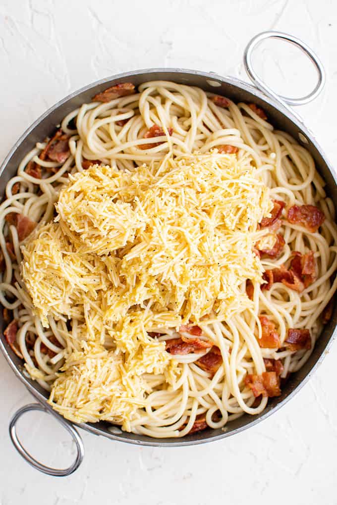 carbonara ingredients in a pan