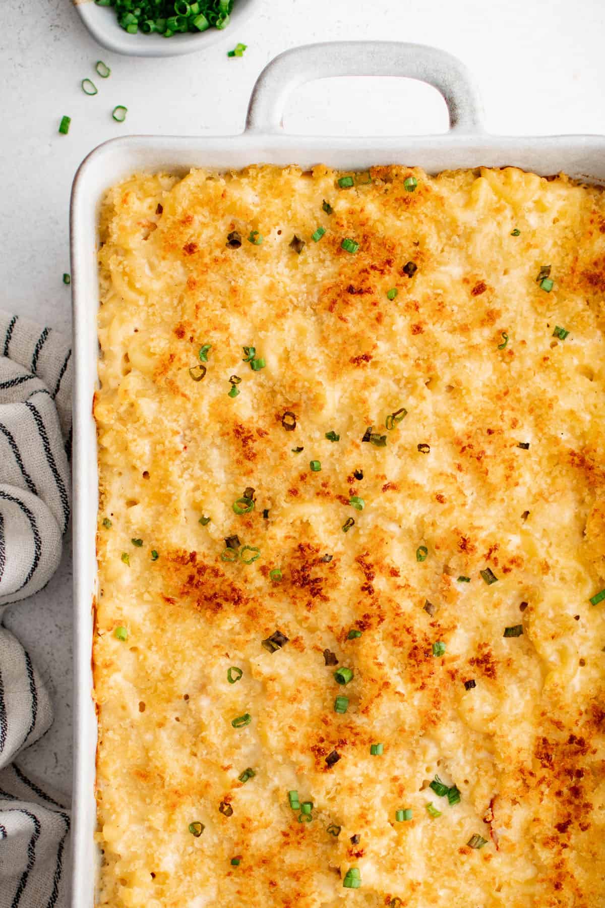 lobster mac & cheese in a baking dish