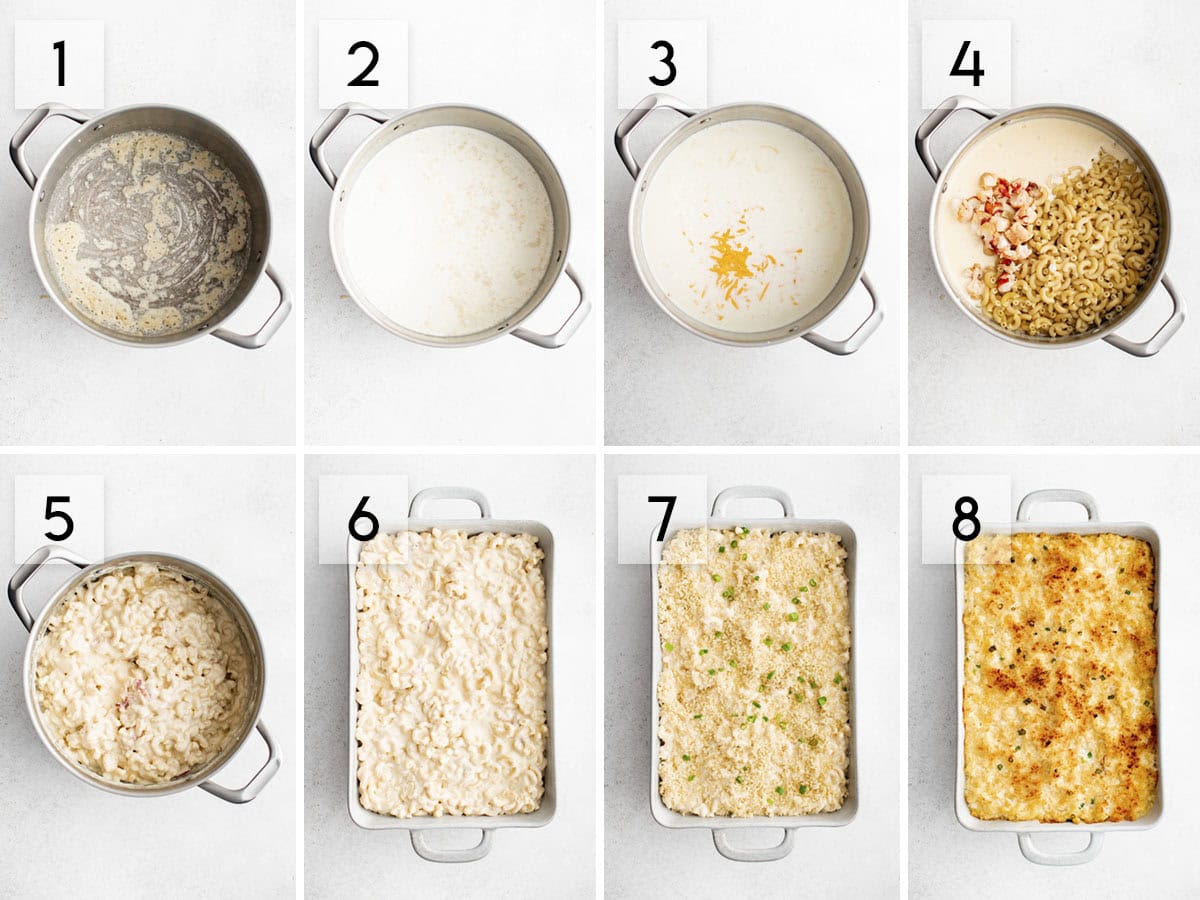 eight panel collage image showing the process of making lobster mac & cheese