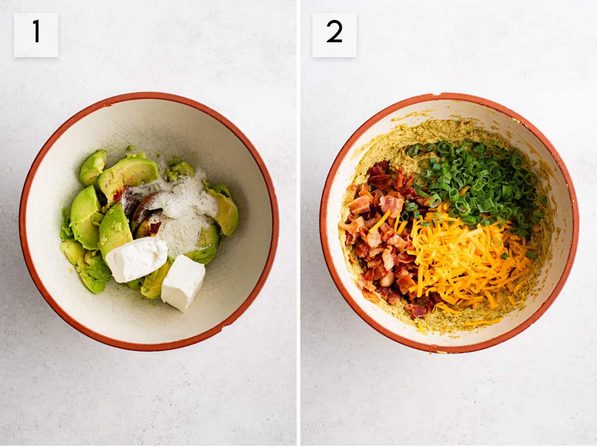two panel collage image showing the process of making loaded avocado dip