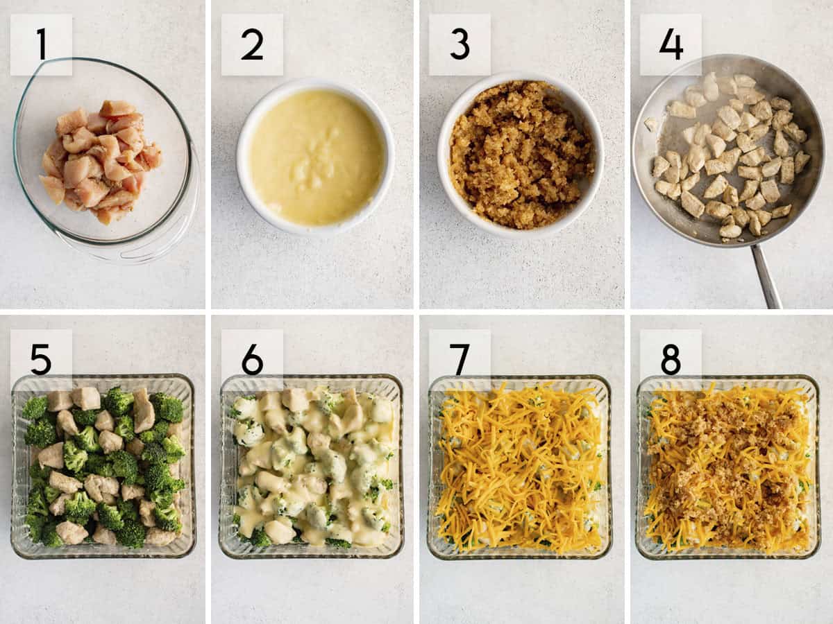 eight panel collage image showing the process of making chicken divan