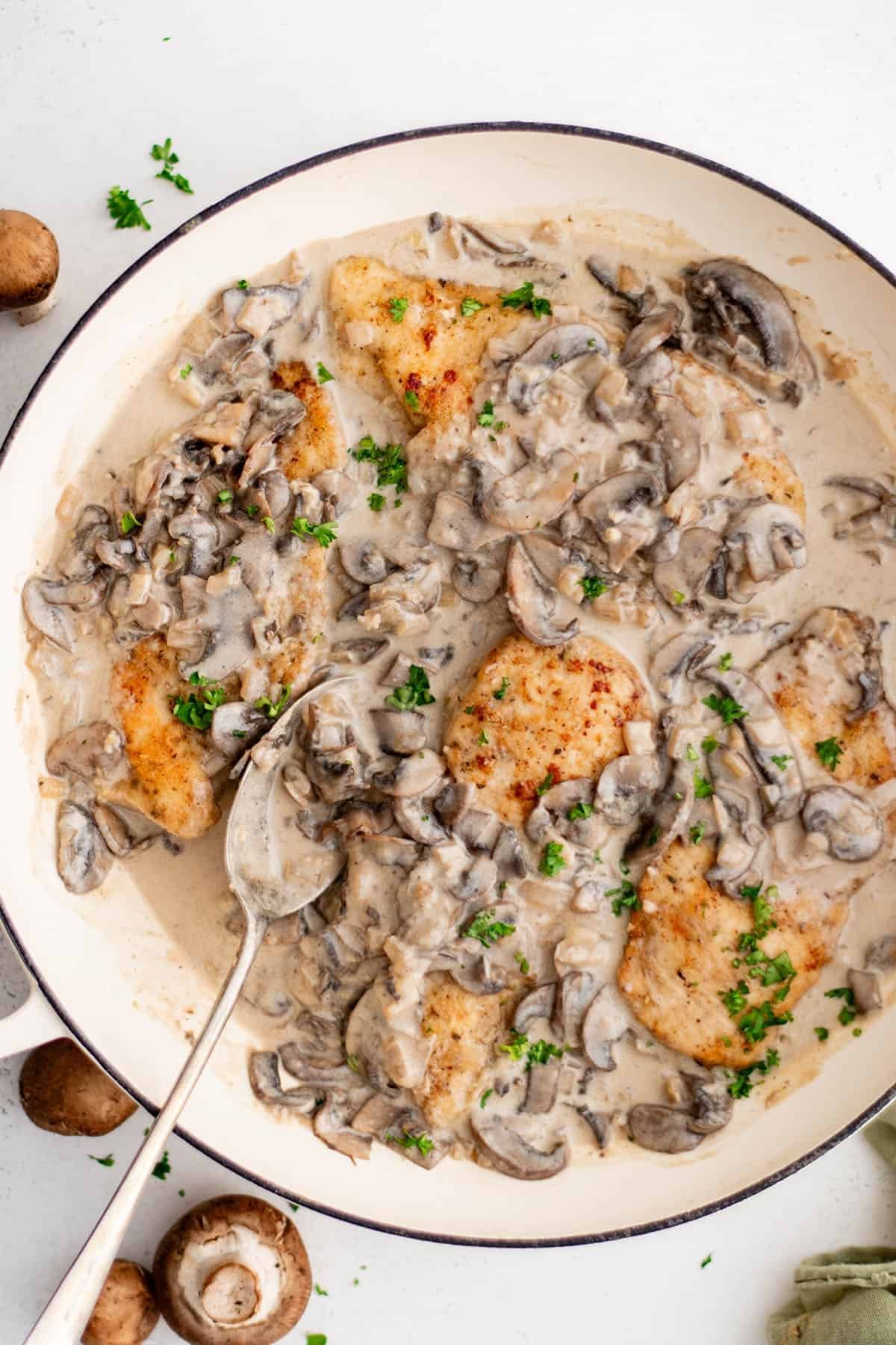 chicken marsala in a sauce pan