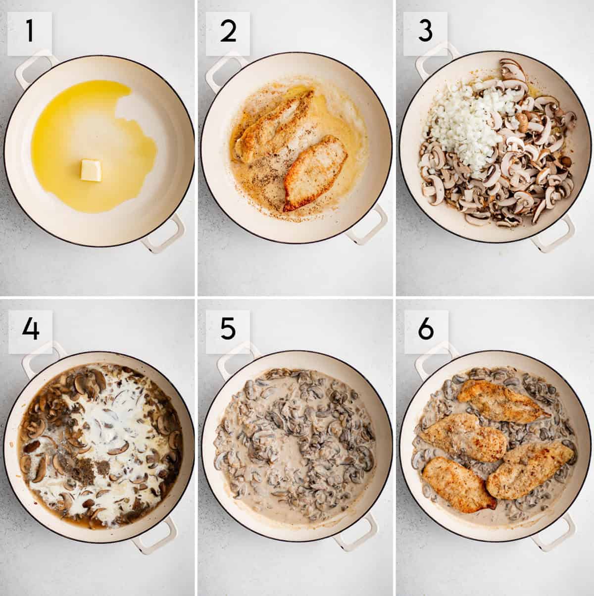 six panel collage image showing the process of making chicken marsala