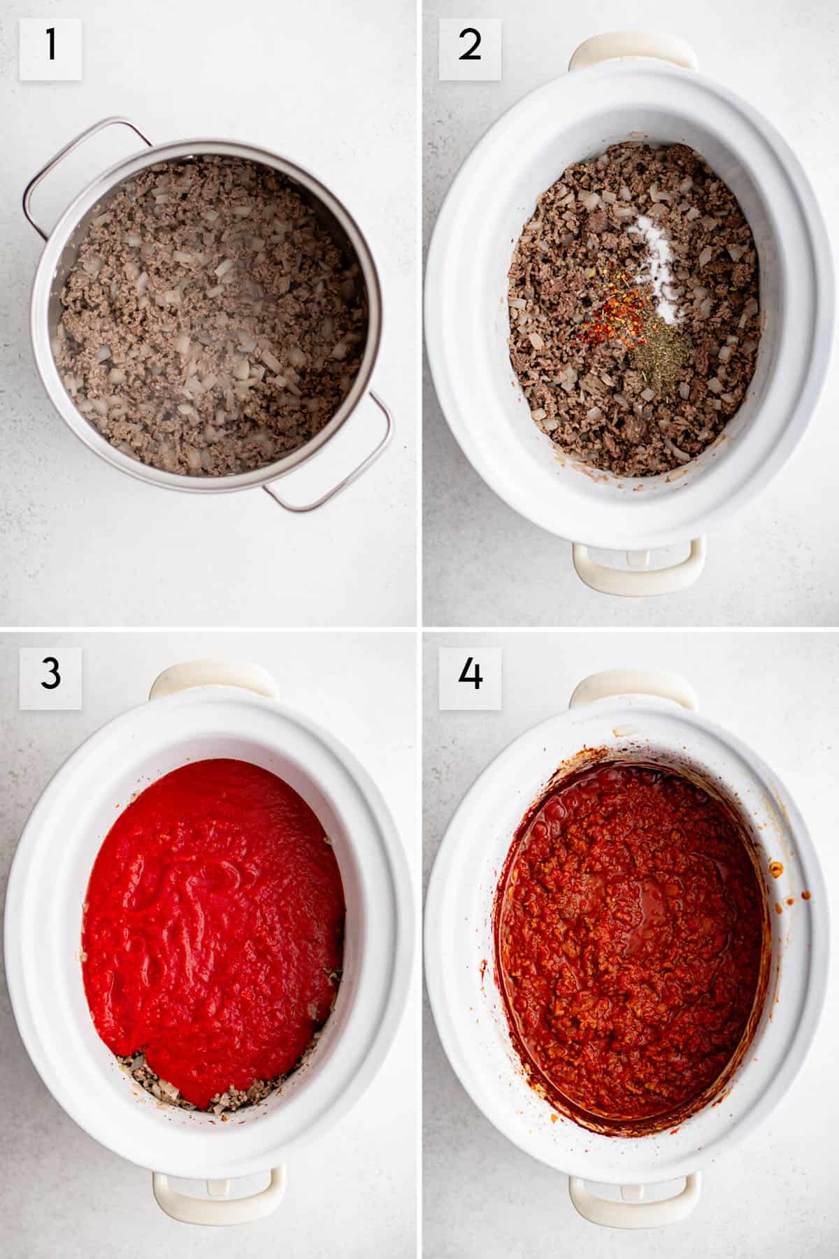 four panel collage image showing the process of making crockpot spaghetti sauce