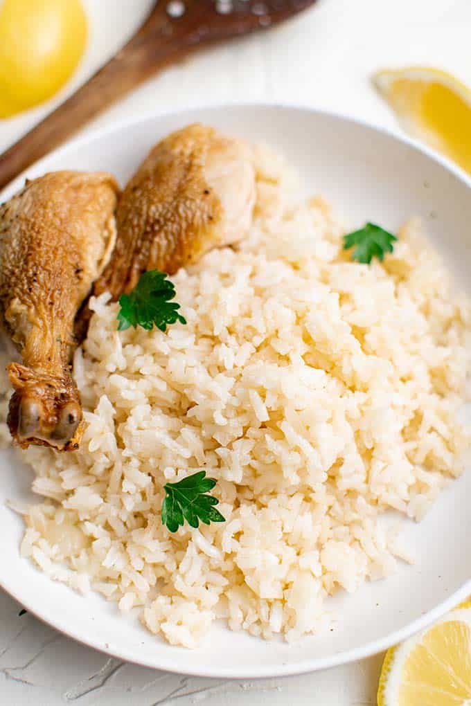lemon rice on a plate with chicken