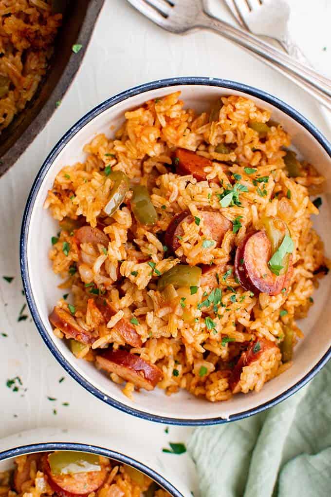 smoked sausage and rice in a bowl