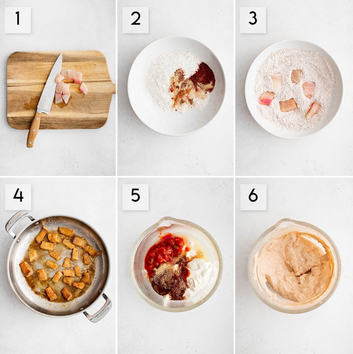 six panel collage image showing the process of preparing the best fish tacos