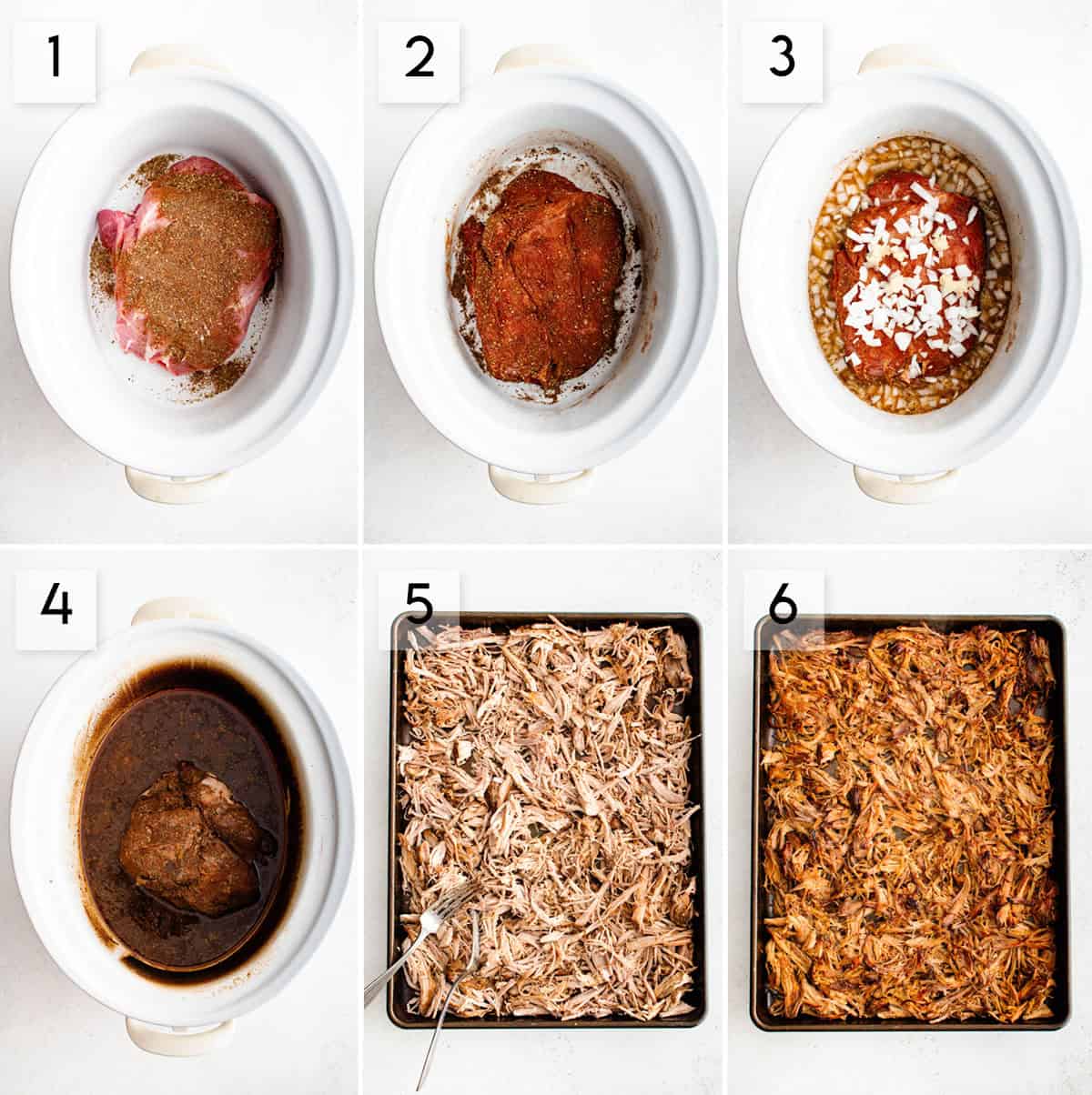 six panel collage image showing the process of making slow cooker pork carnitas