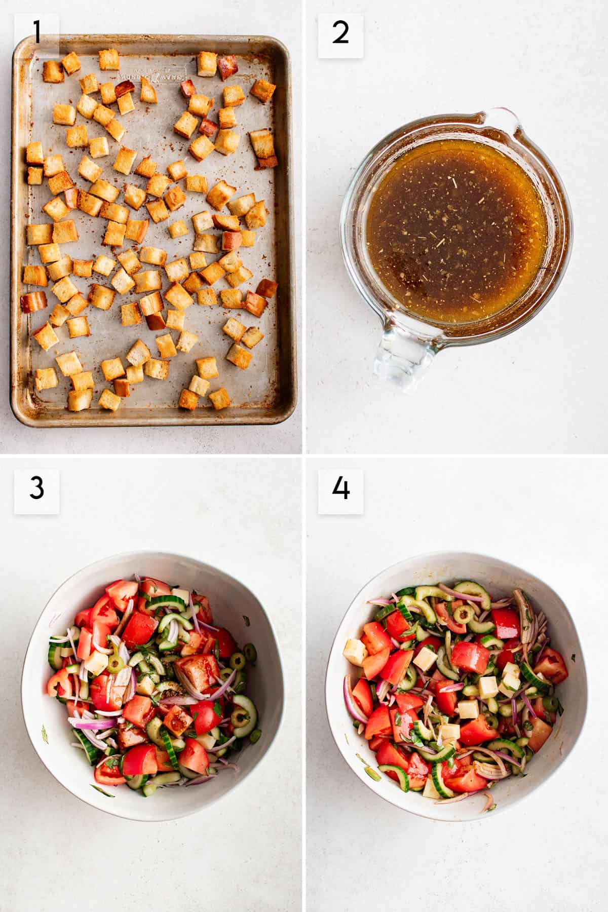 four panel collage image showing how to make panzanella salad