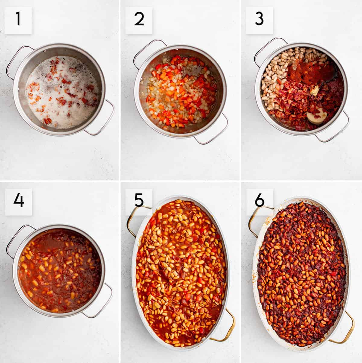 six panel collage image showing the process of making the perfect baked beans