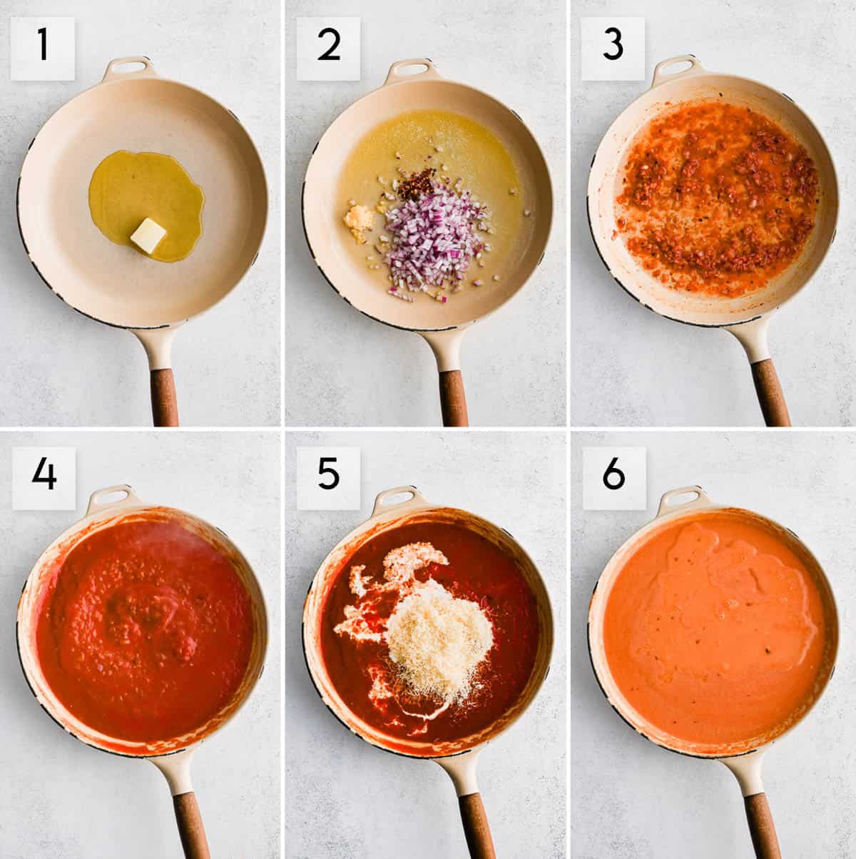 six panel collage image showing how to make vodka sauce