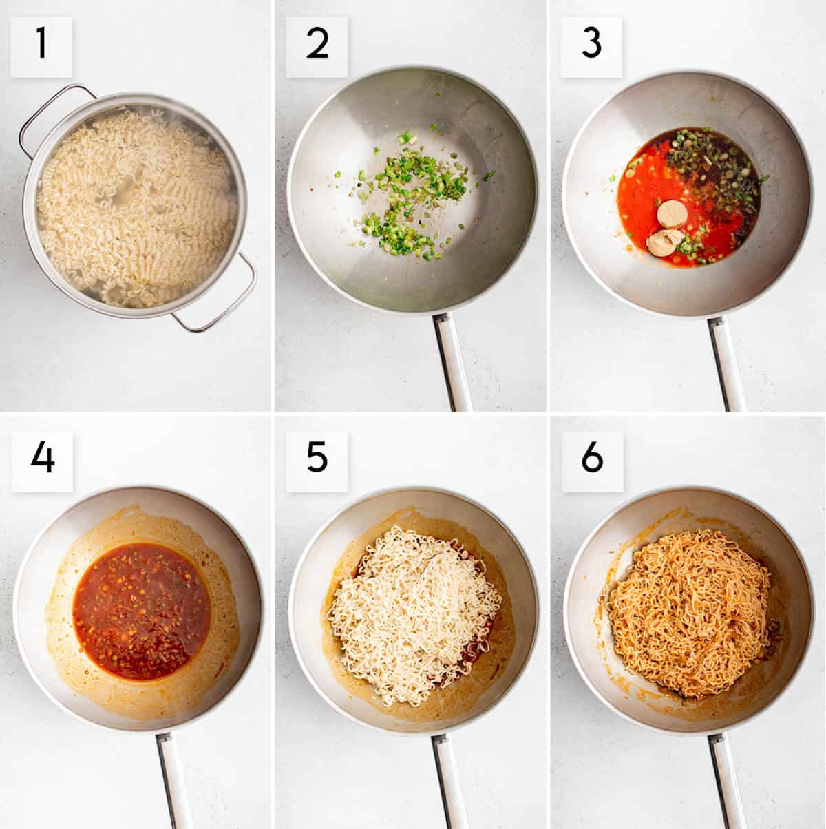 six panel collage image showing the process of making firecracker spicy noodles