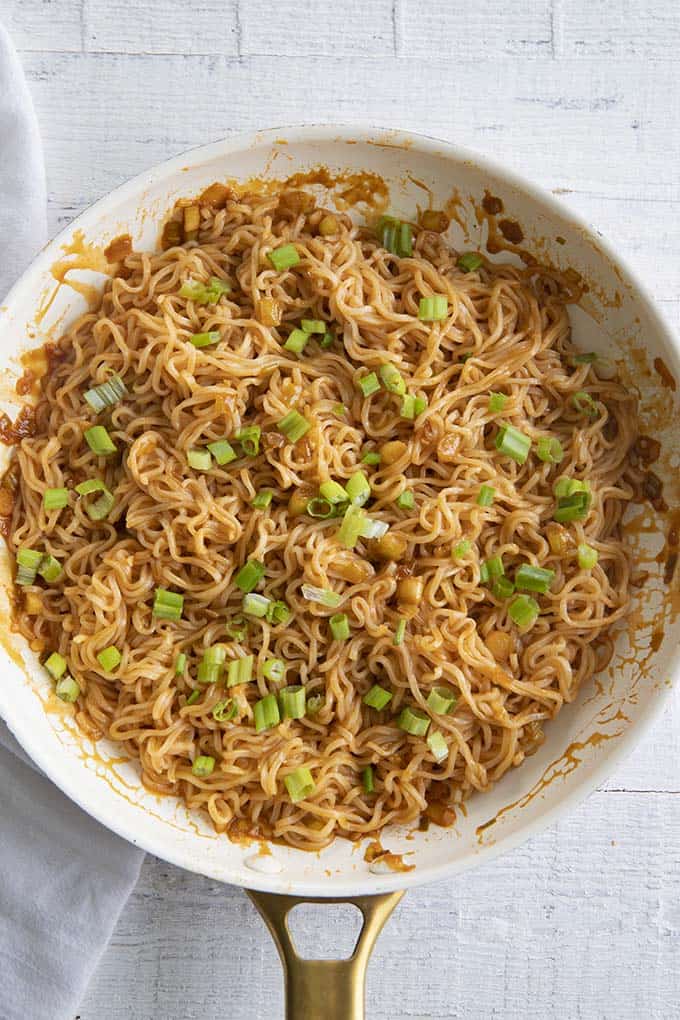 spicy noodles in a skillet