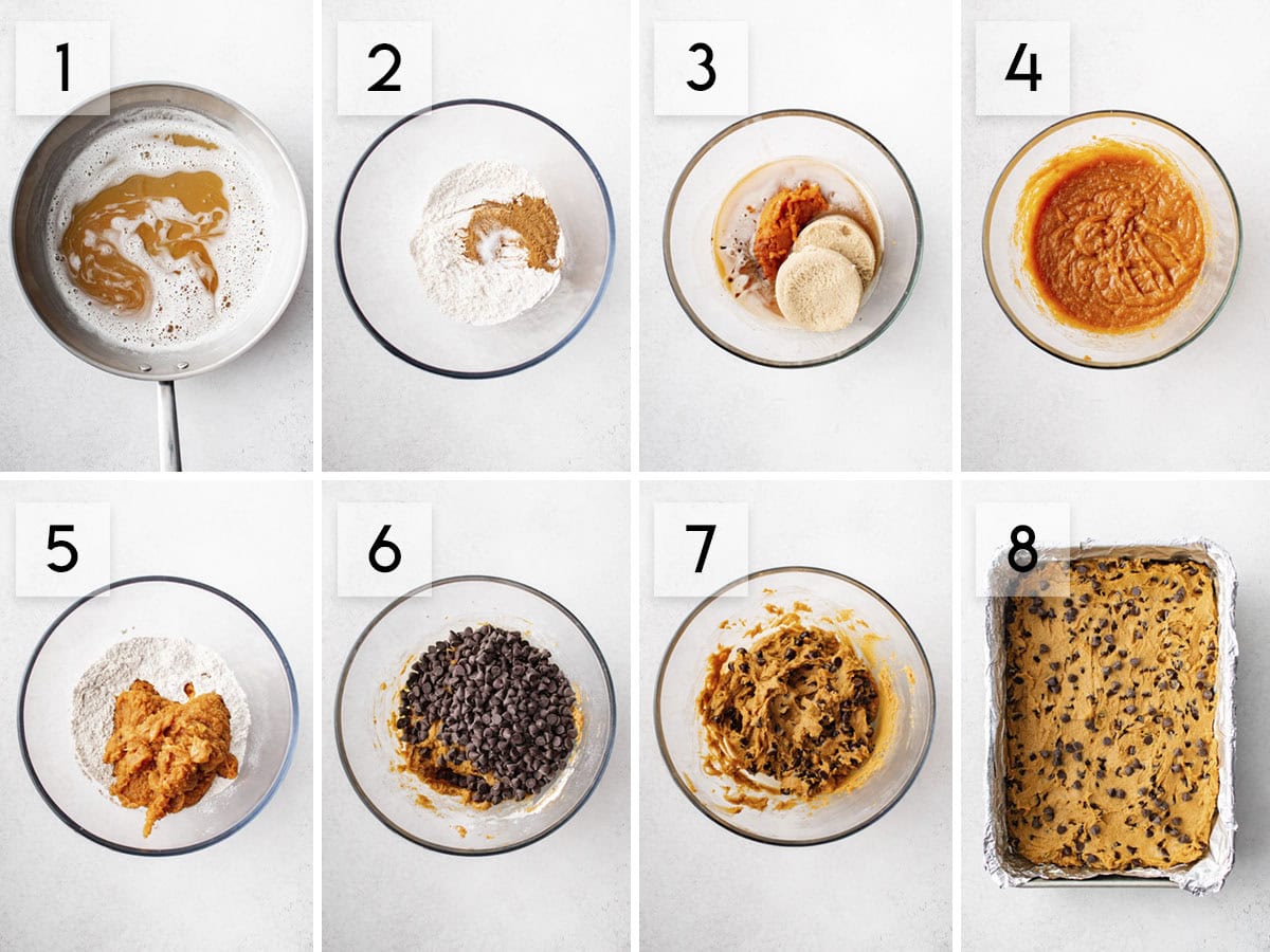 eight panel collage image showing how to make chocolate chip pumpkin bars