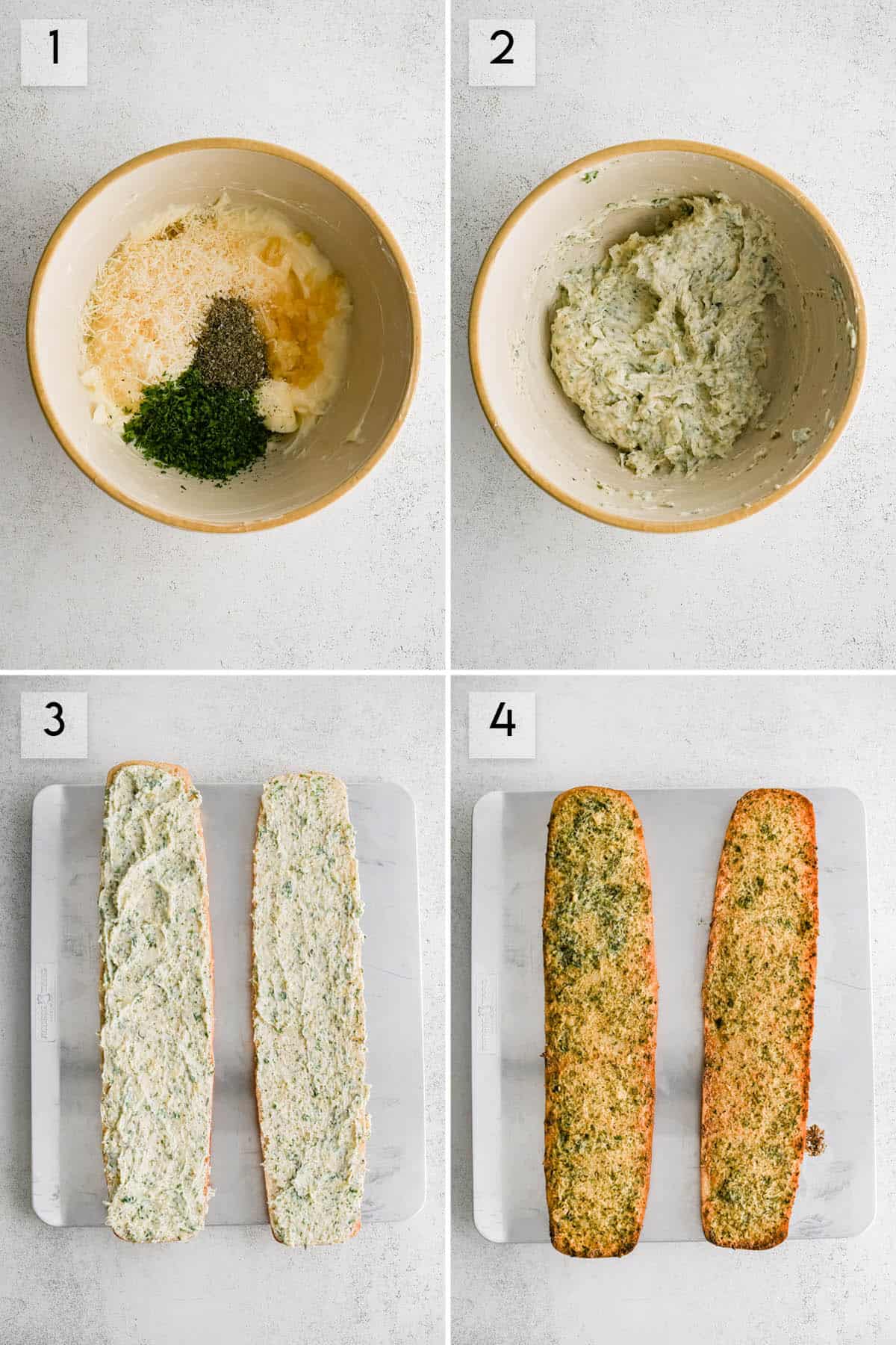 four panel collage image showing the different steps of making garlic bread