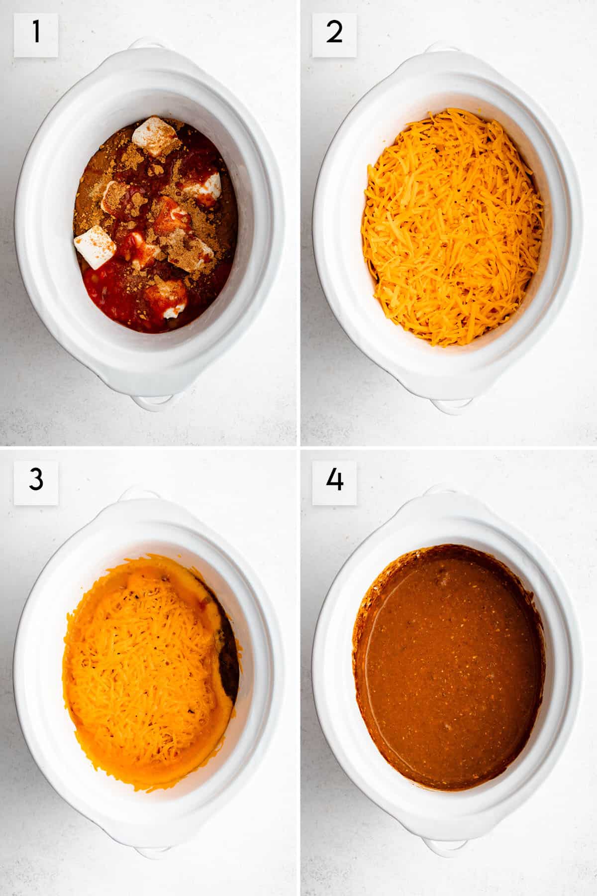 four panel collage image showing the process of making chili cheese dip