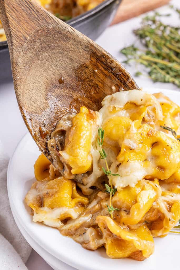 tortellini with caramelized onions and cheese on a plate