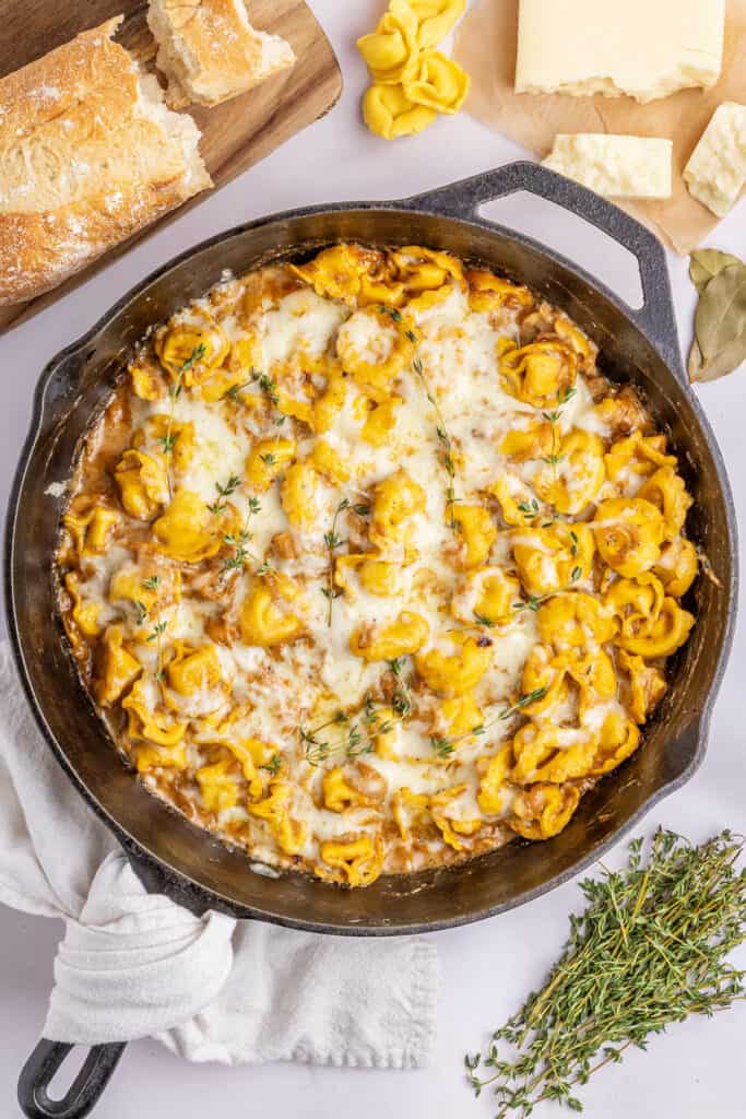 french onion tortellini in a skillet