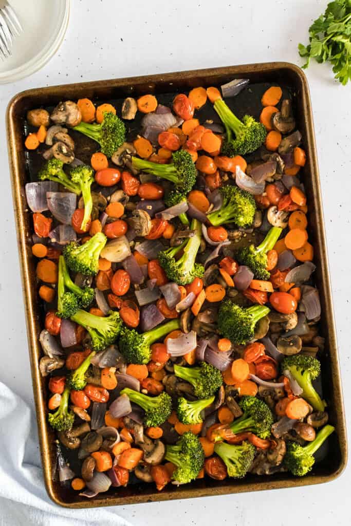 oven roasted veggies on a sheet pan