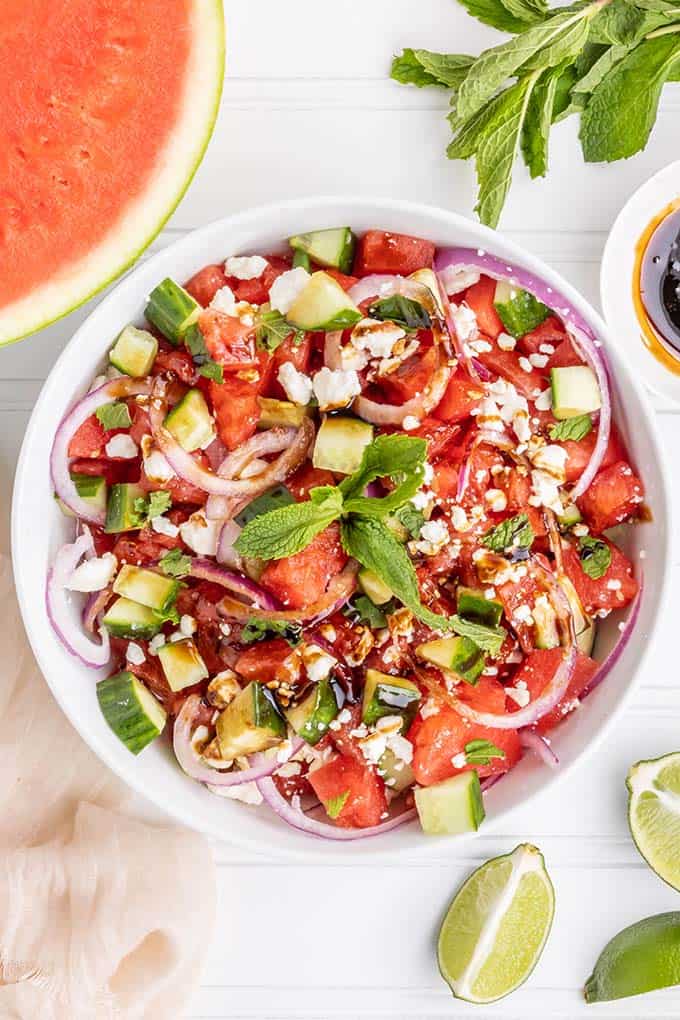 bowl of watermelon salad with feta