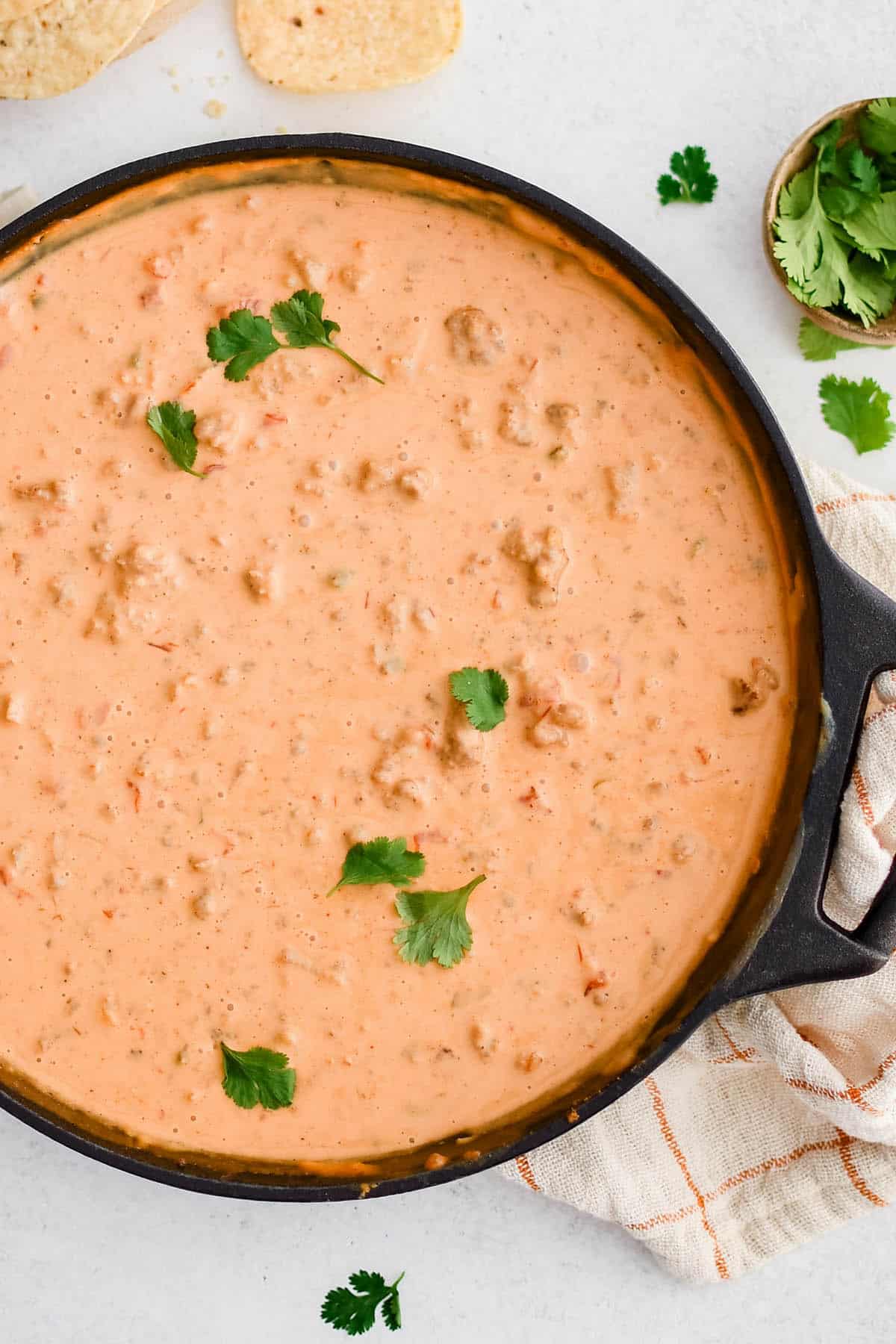 overhead picture of rotel dip in a skillet