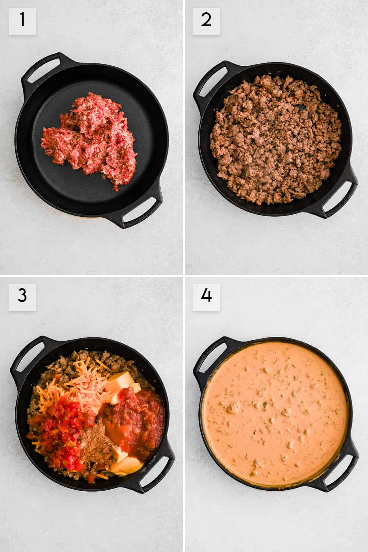 four panel collage image showing how to make rotel dip