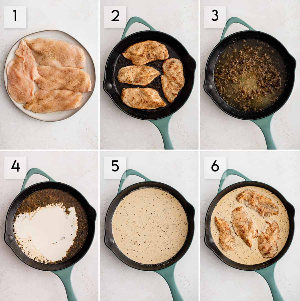 six panel collage image showing the process of making creamy lemon chicken