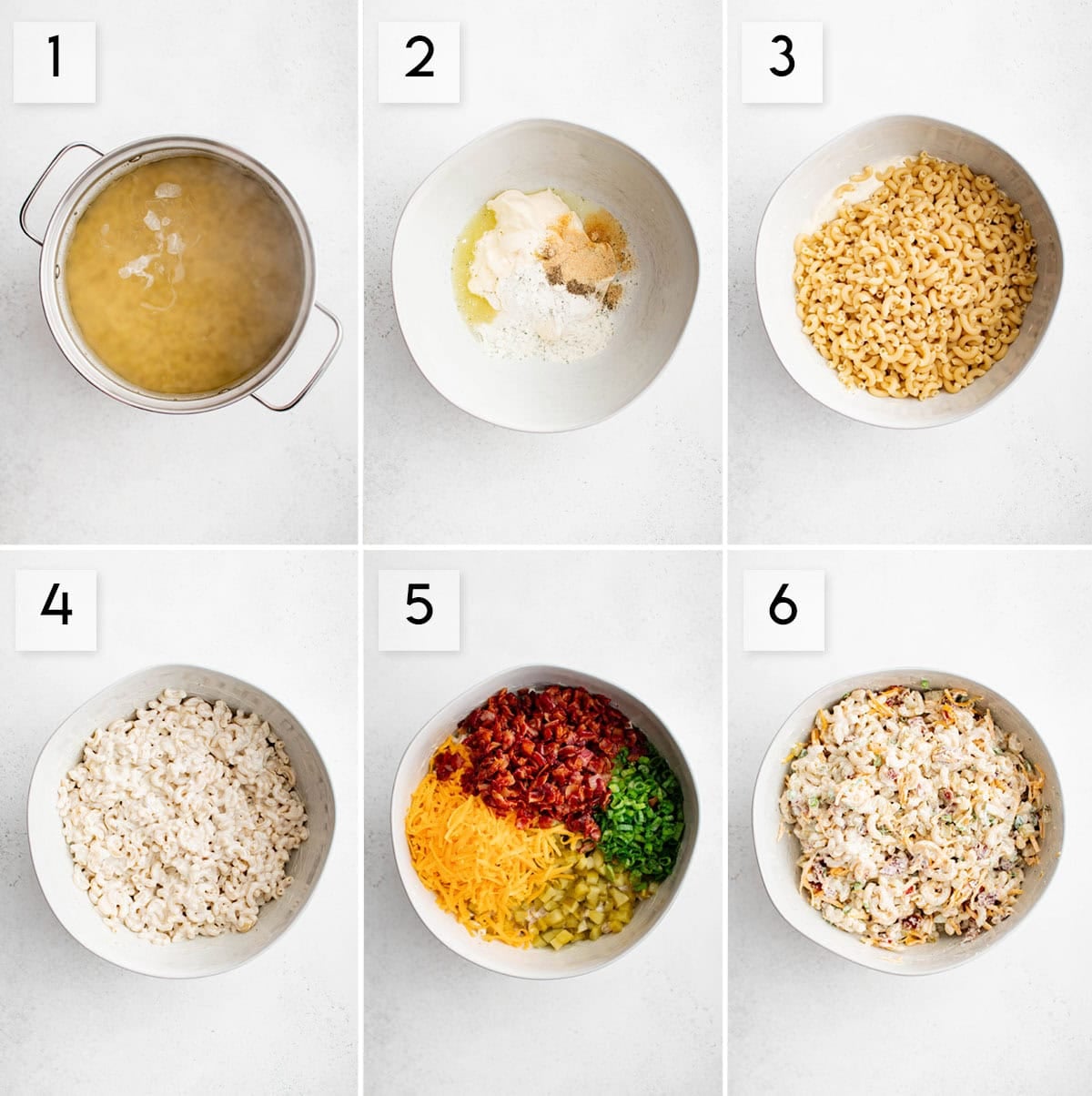 six panel collage image showing the process of making Bacon Ranch Dill Pickle Pasta Salad