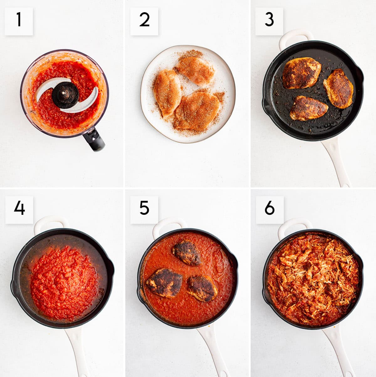 six panel collage image showing the process of making chicken tinga on the stovetop