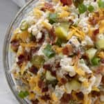 dill pickle pasta salad with bacon and ranch in a bowl