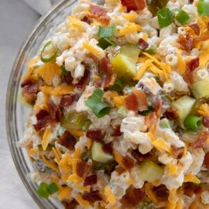 dill pickle pasta salad with bacon and ranch in a bowl