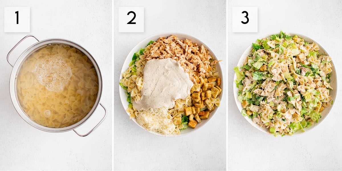three panel collage image showing the process of making caesar pasta salad