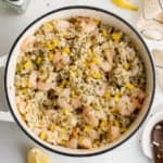 shrimp and rice in a pot