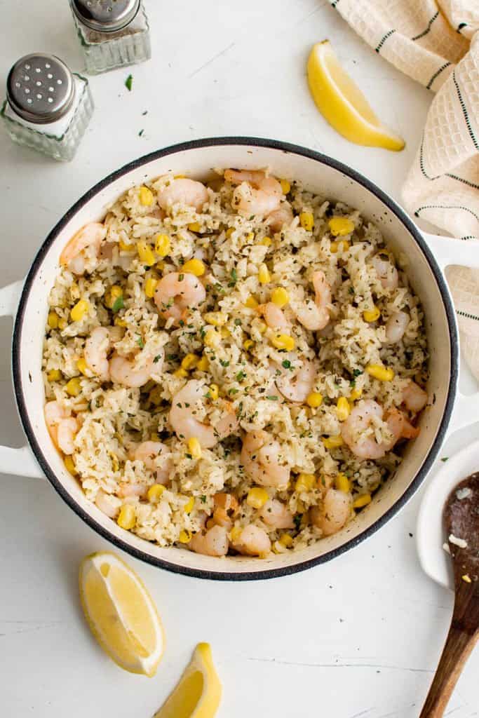 shrimp and rice in a pot