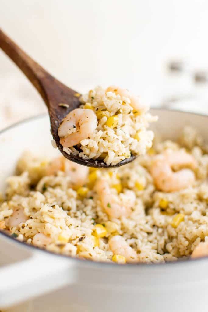 shrimp and rice in a spoon