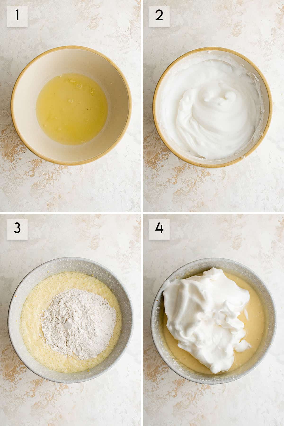  Four picture collage image outlining the steps to prepare a lemon custard cake.