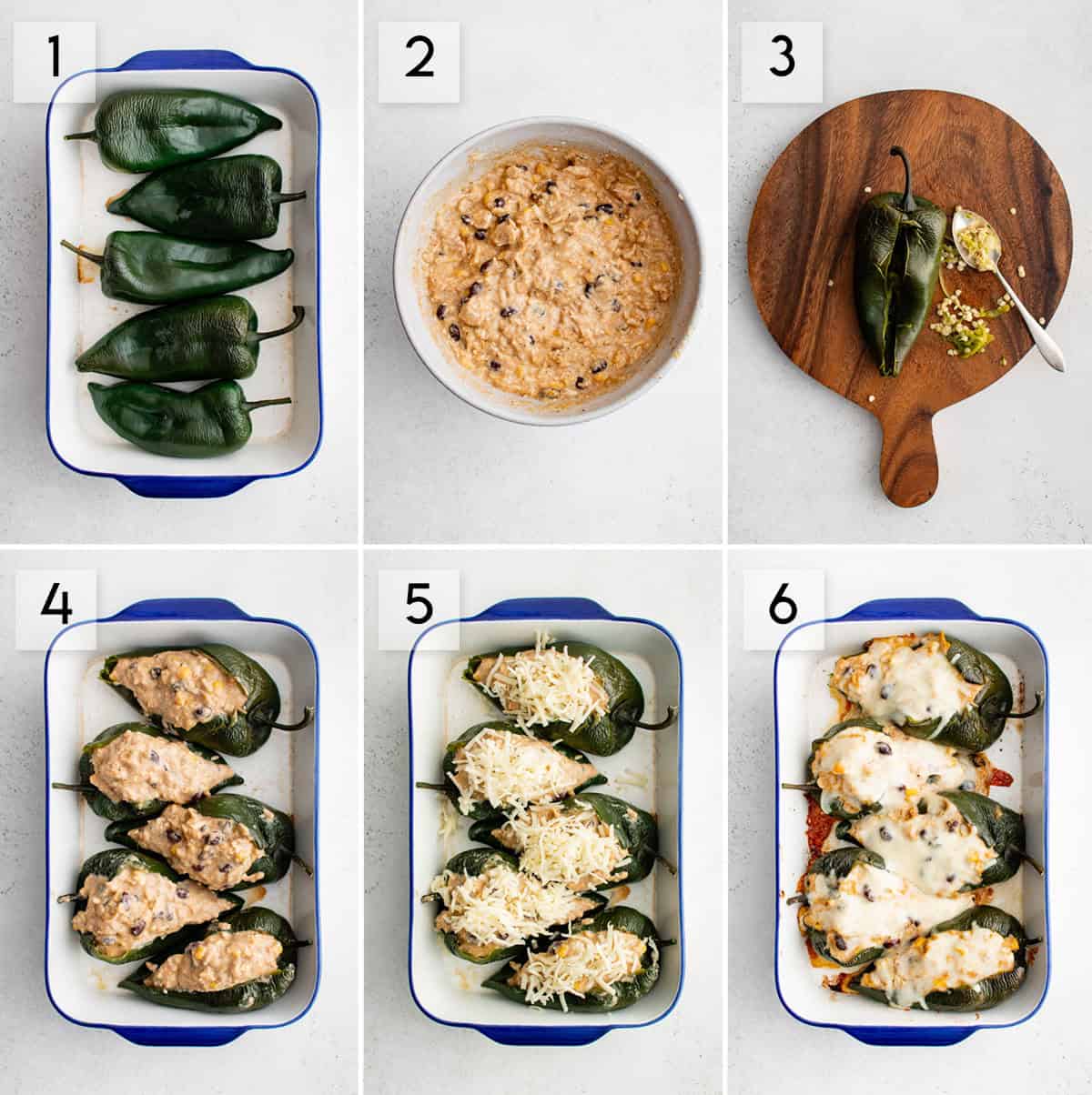 six panel collage image showing the process of making stuffed poblano peppers
